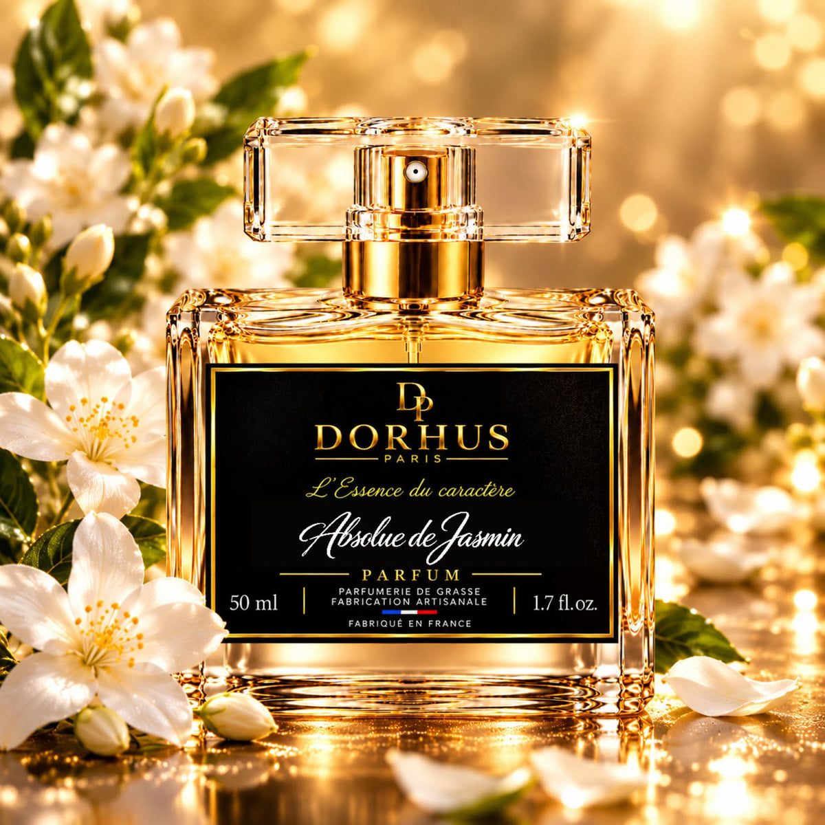 Flacon Absolue de Jasmin Dorhus Paris entouré de fleurs blanches dans une lumière dorée.