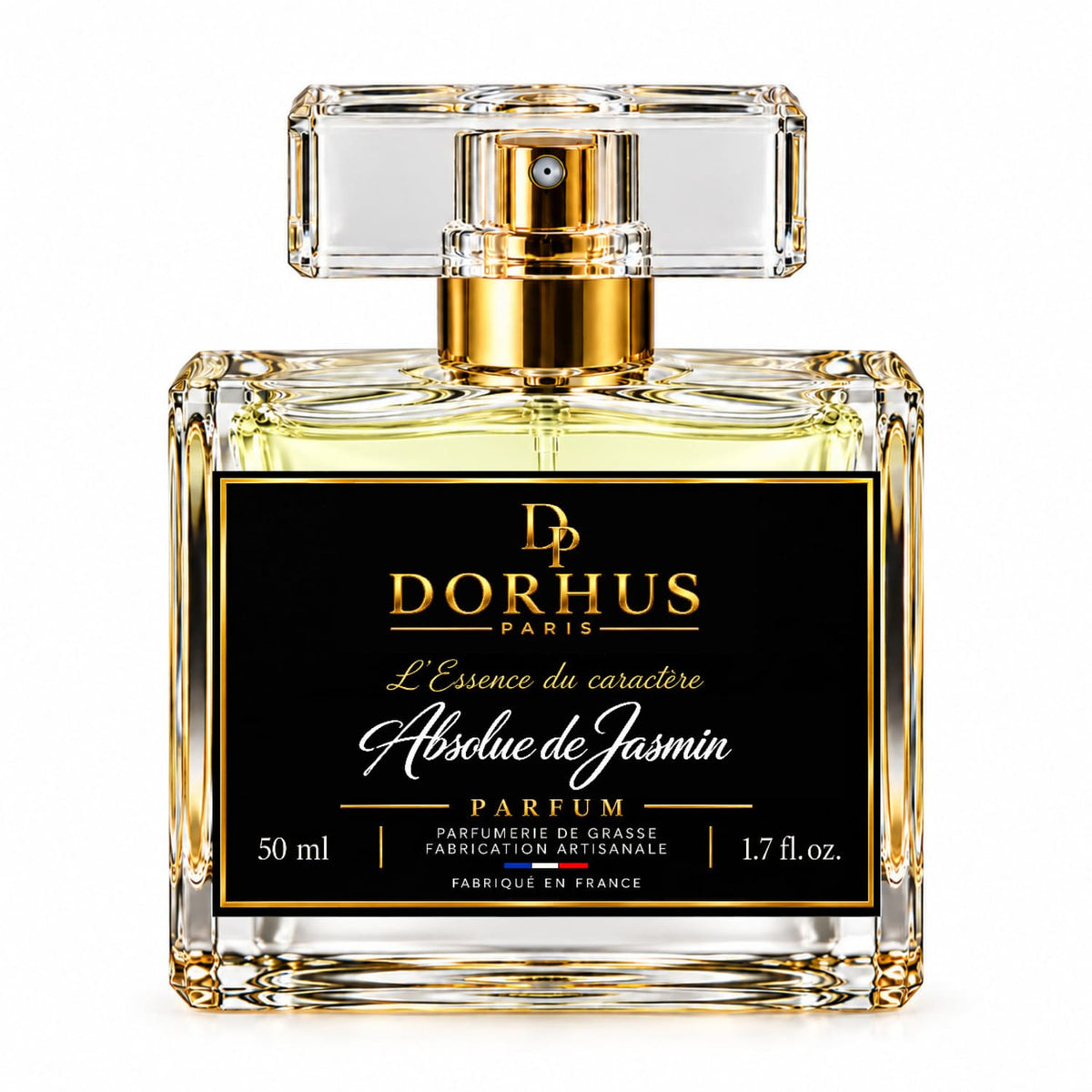 Flacon de parfum Absolue de Jasmin Dorhus Paris 50 ml sur fond blanc, avec bouchon transparent.