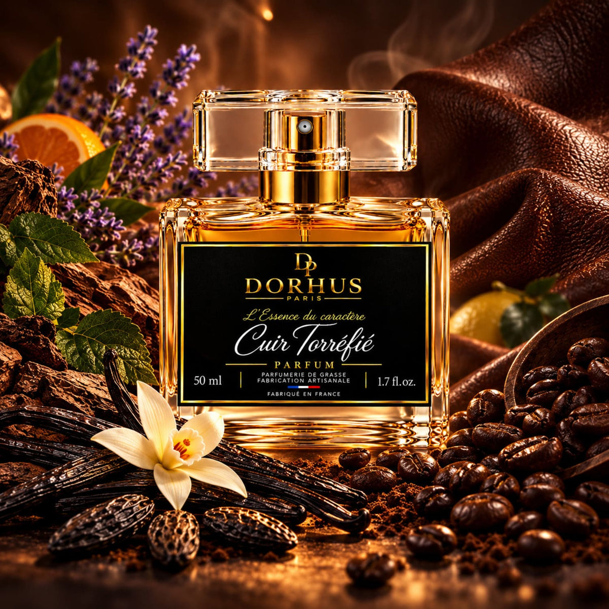 Parfum Cuir Torréfié Dorhus Paris entouré de grains de café, de vanille, de fleurs de lavande, d’agrumes et de cuir brun.