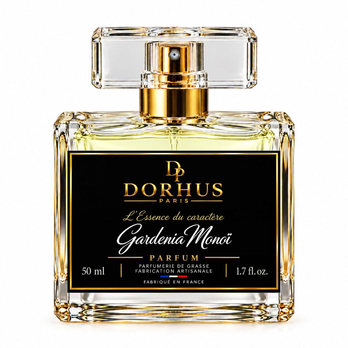Flacon de parfum Gardénia Monoï Dorhus Paris 50 ml vu de face sur fond blanc, avec étiquette noire et détails dorés.