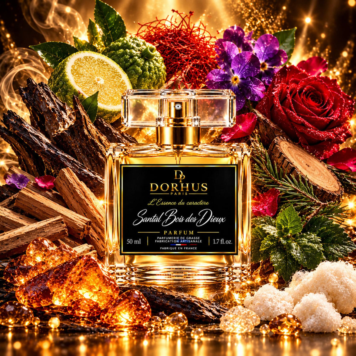 Parfum Santal Bois des Dieux Dorhus Paris entouré de bois, de fleurs, d’agrumes et de résines dans un décor doré.