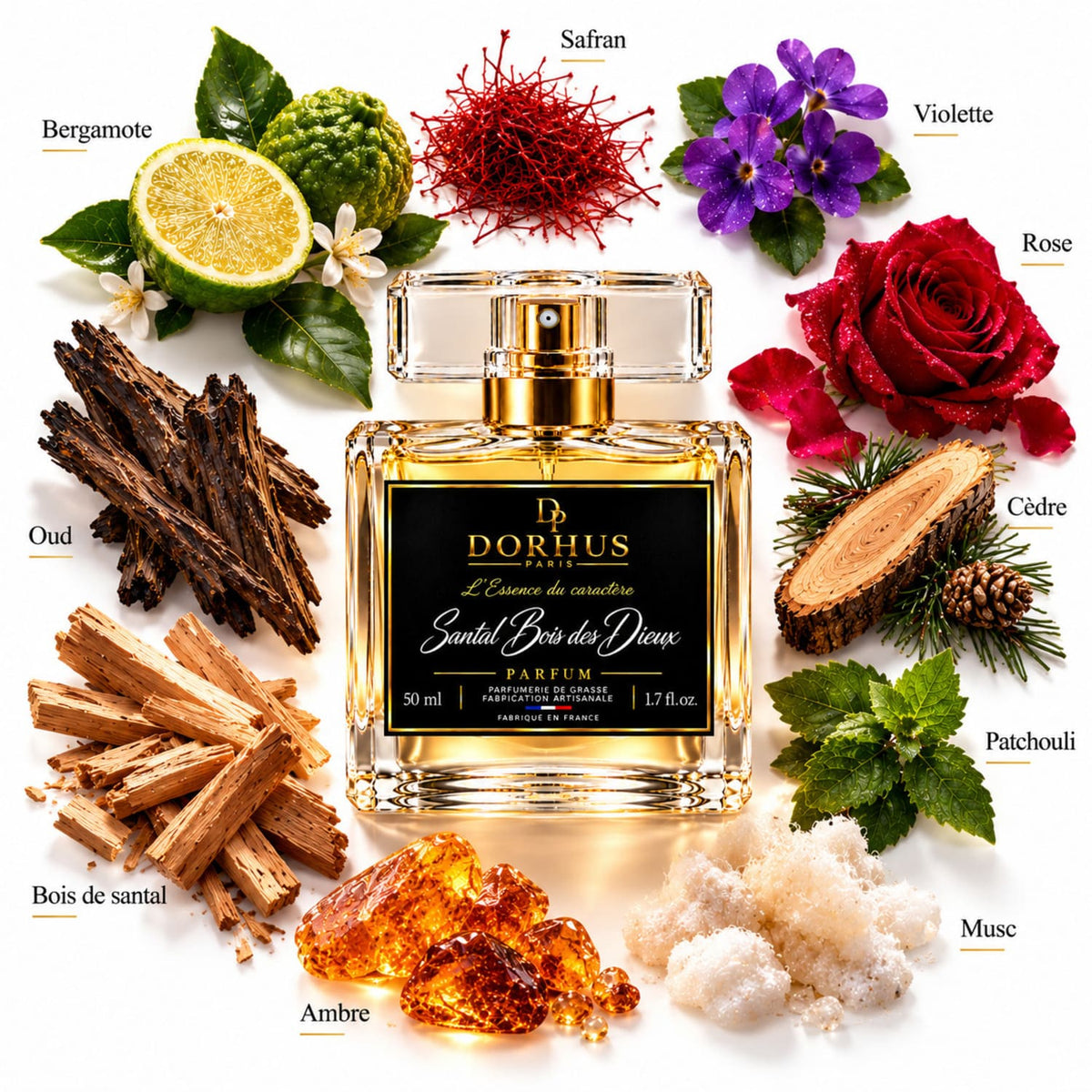 Notes olfactives de Santal Bois des Dieux : bergamote, safran, violette, rose, cèdre, patchouli, musc, ambre, bois de santal et oud.