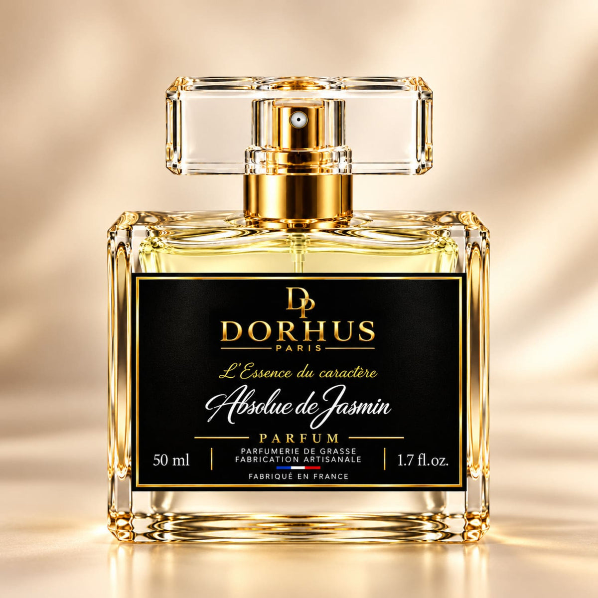 Flacon de parfum Absolue de Jasmin Dorhus Paris 50 ml, vu de face sur fond beige doré.