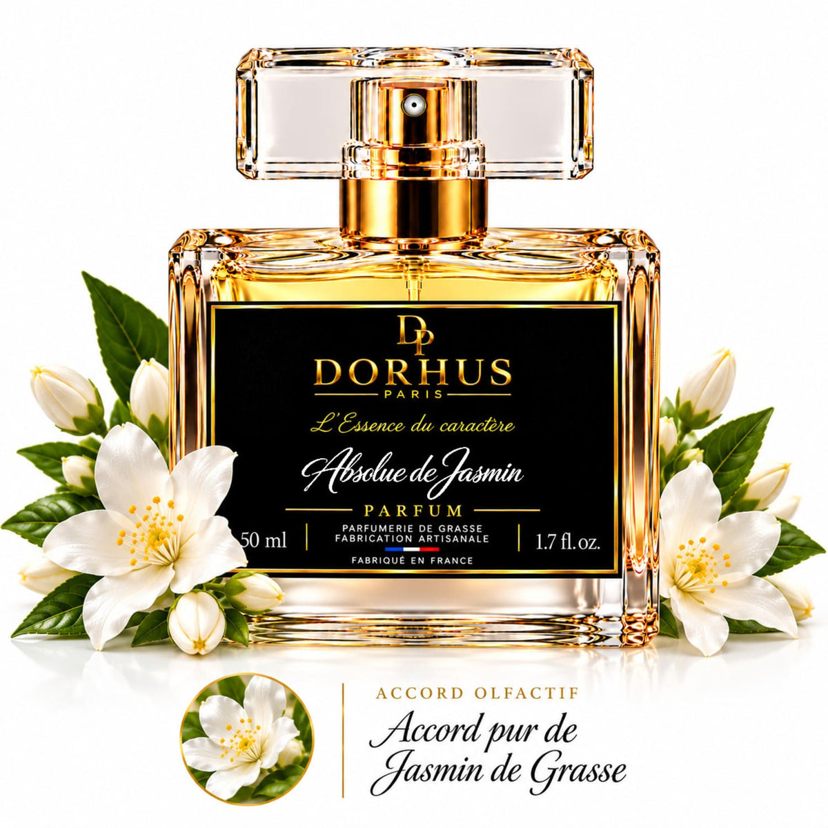 Flacon Absolue de Jasmin avec des fleurs blanches et la mention « Accord pur de Jasmin de Grasse 
