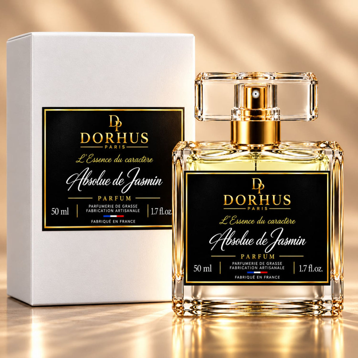 Parfum Absolue de Jasmin Dorhus Paris 50 ml avec son étui blanc à étiquette noire et dorée.