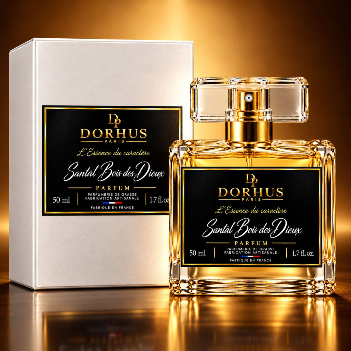 Flacon de parfum Santal Bois des Dieux Dorhus Paris 50 ml accompagné de son étui blanc sur fond doré.
