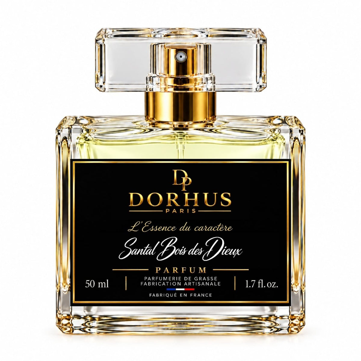 Flacon de parfum Santal Bois des Dieux Dorhus Paris 50 ml vu de face sur fond blanc.
