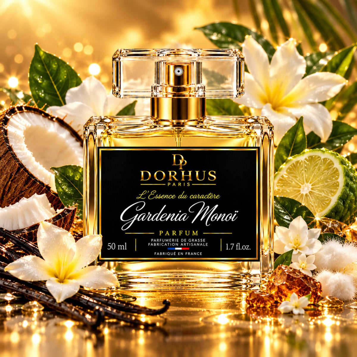 Parfum Gardénia Monoï Dorhus Paris entouré de fleurs blanches, de noix de coco, de bergamote et de vanille sur fond doré.