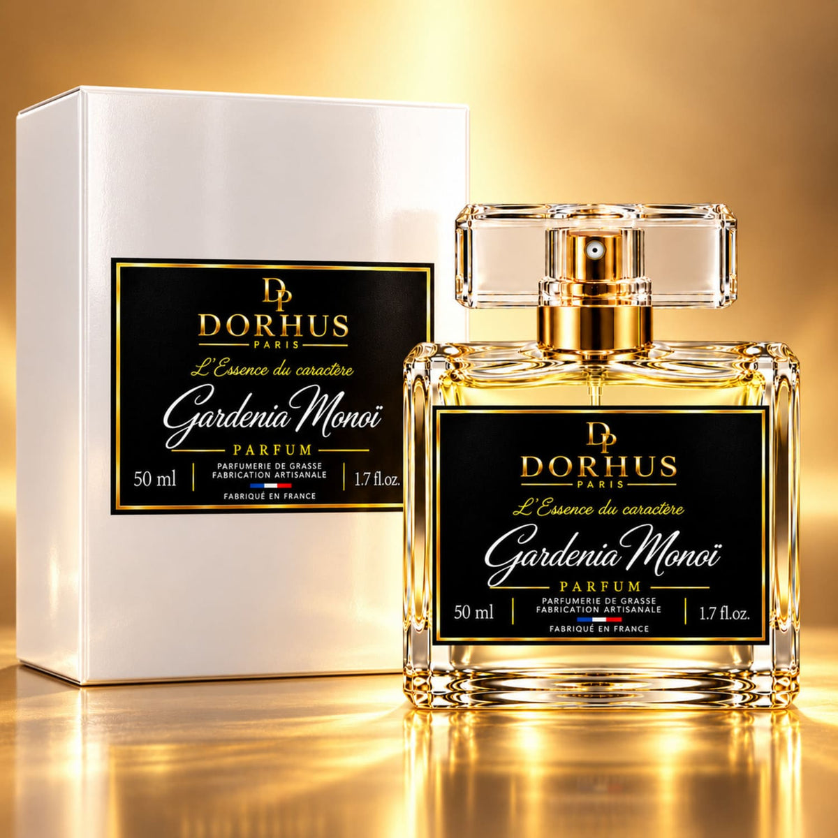 Flacon de parfum Gardénia Monoï Dorhus Paris 50 ml accompagné de son étui blanc sur fond doré.