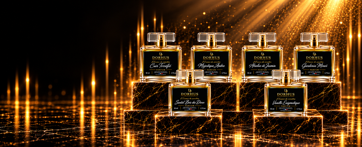 Six flacons de parfum Dorhus Paris sur des socles en marbre noir veinés d’or, éclairés par une lumière dorée.