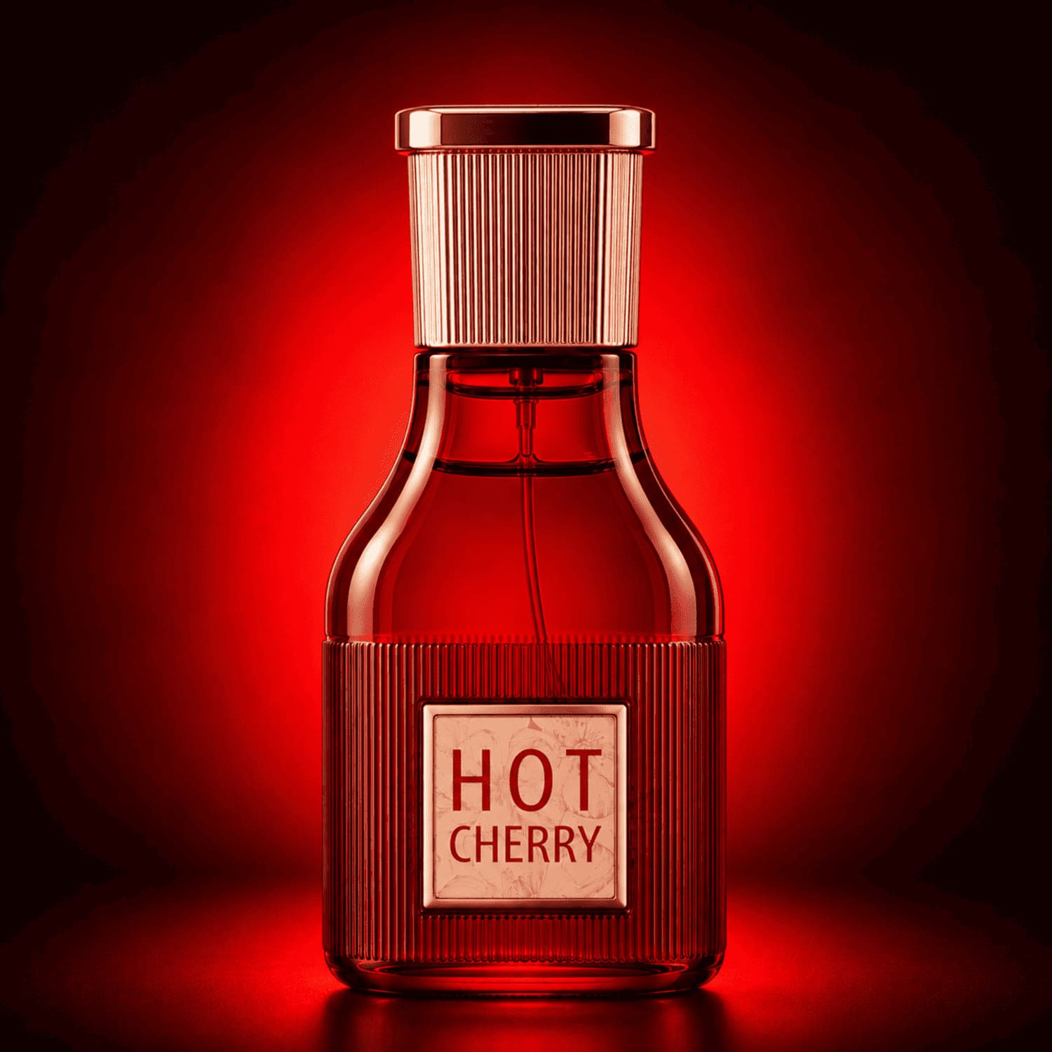 Flacon du parfum Hot Cherry  en verre rouge avec bouchon doré rosé