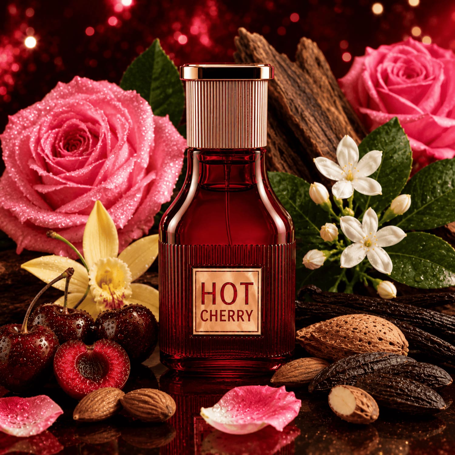 Flacon du parfum Hot Cherry en verre rouge avec bouchon doré rosé mis en ambiance avec les notes olfactive