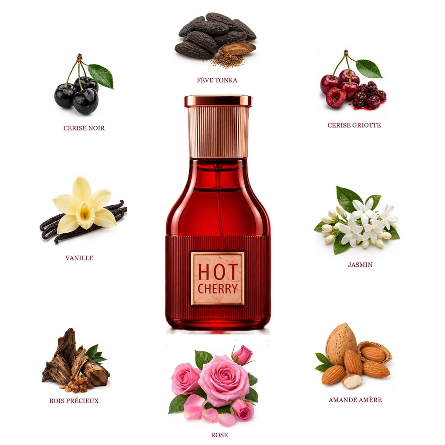 Flacon du parfum Hot Cherry en verre rouge avec bouchon doré rosé et ces note olfactive 