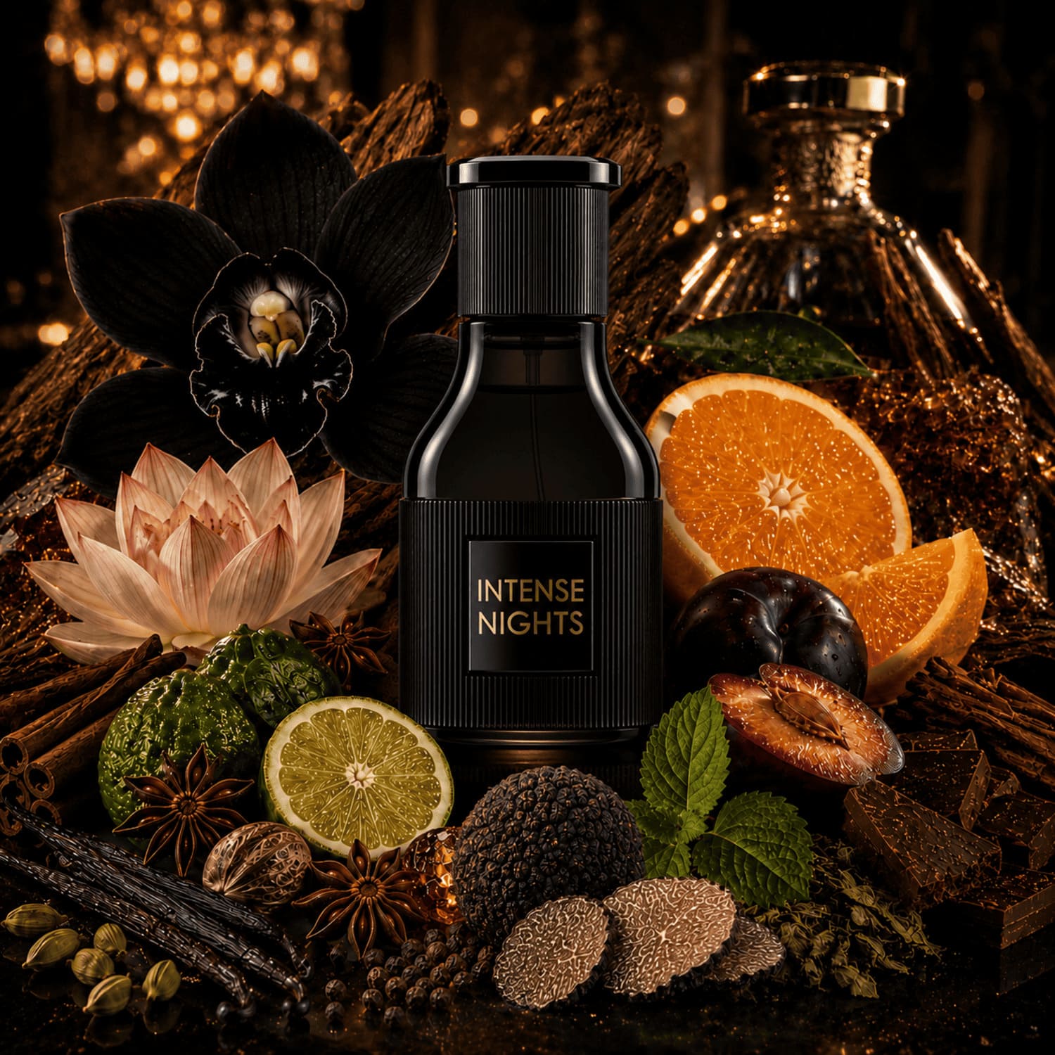 Parfum intense nights ambiance flacon avec les ingrédients